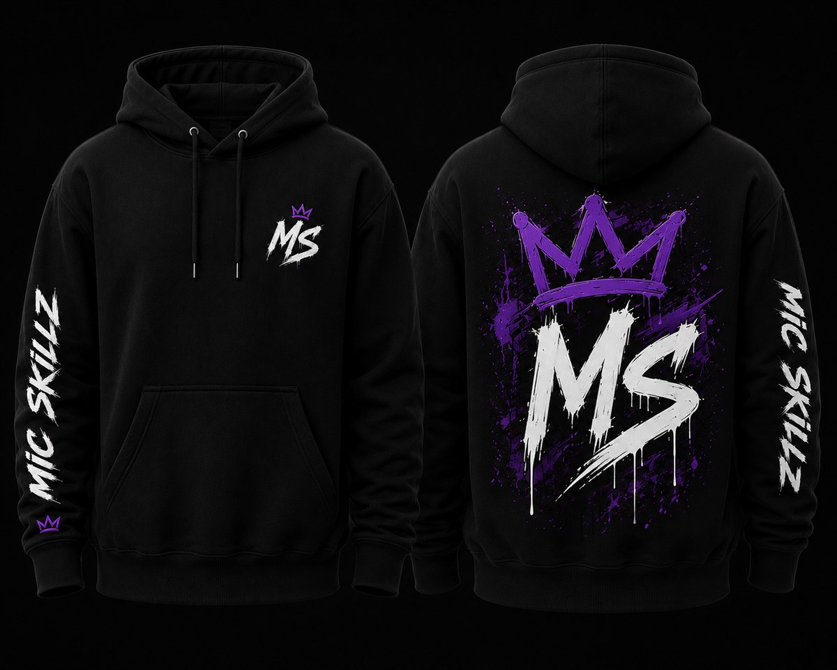 Hoodie — crown and MS splatter design, black